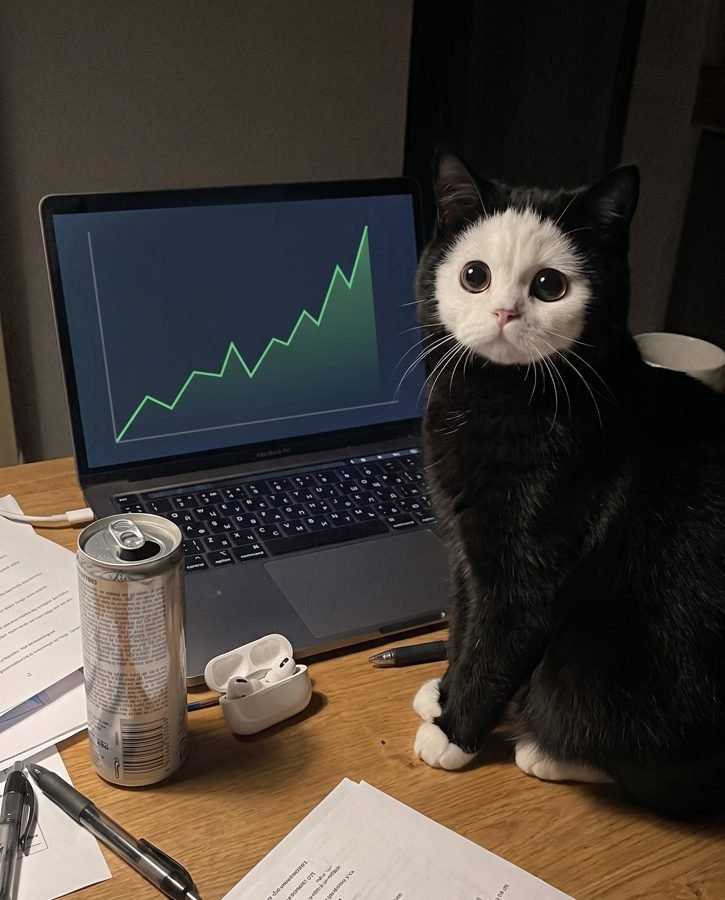 Mochi at a desk at 3am staring at a chart on a laptop