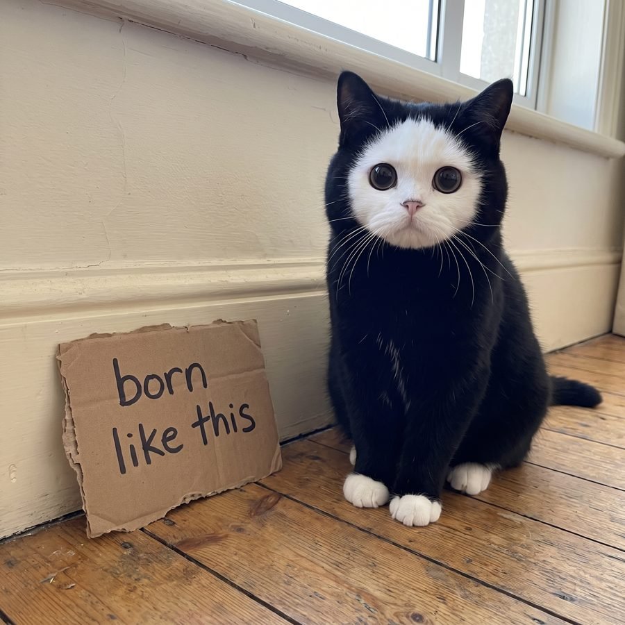 Mochi sitting next to a cardboard sign that says born like this