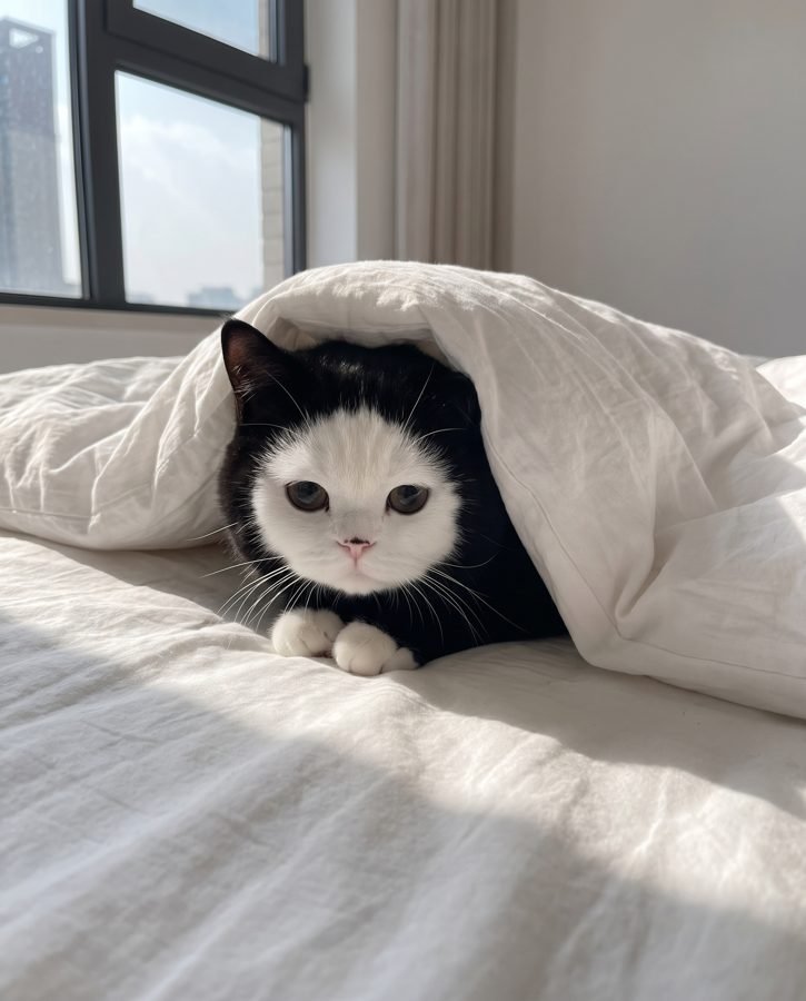Mochi under a duvet with only his face showing