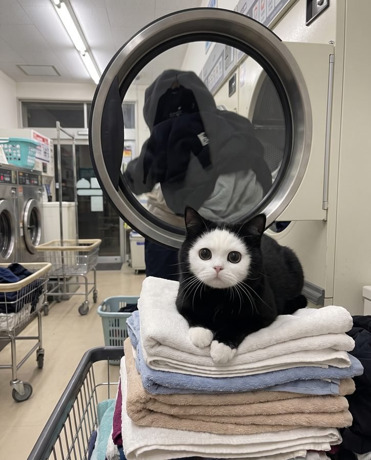 Mochi on folded laundry in a laundromat with a black hoodie in the dryer