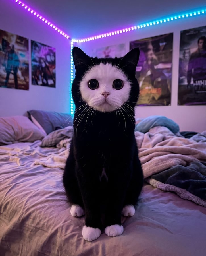 Mochi on a bed under purple LED lights