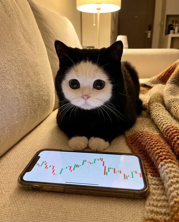 Mochi loafing next to a phone showing a candlestick chart