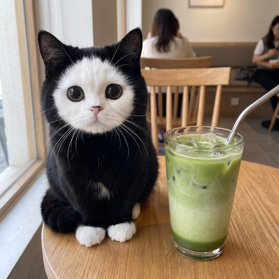 Mochi at a cafe next to an iced matcha