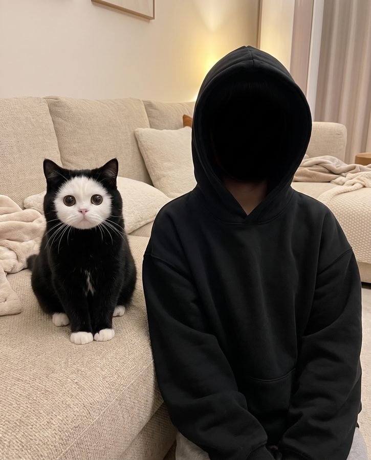 Mochi sitting next to a person in a black hoodie with the hood up