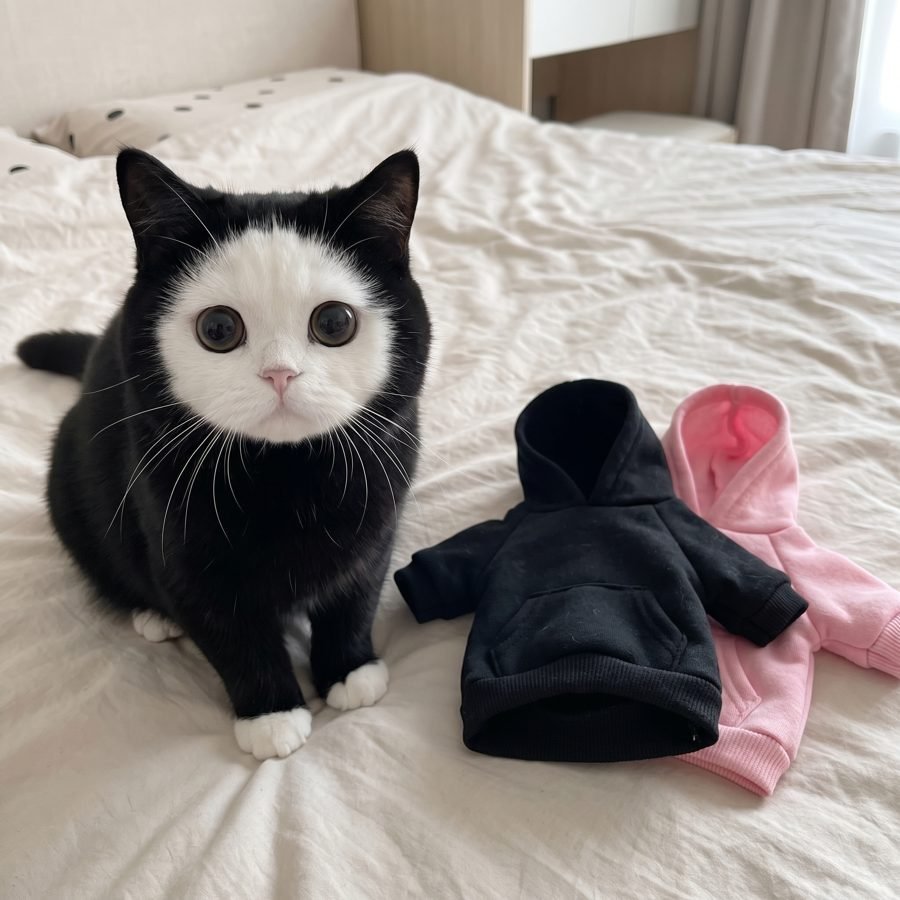 Mochi next to two tiny hoodies he refuses to wear