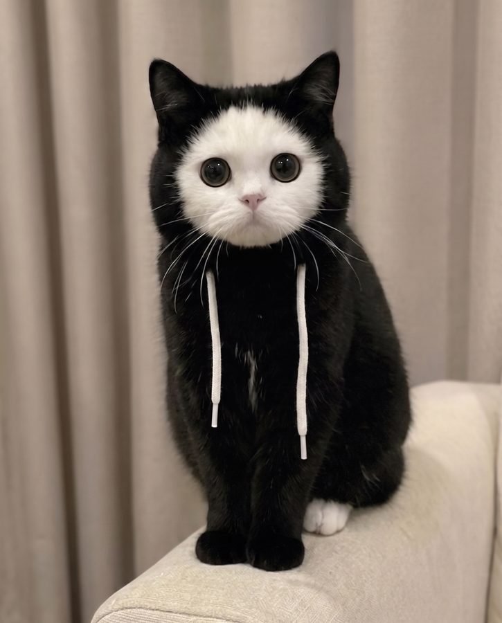 Mochi with two white hoodie drawstrings hanging from his fur