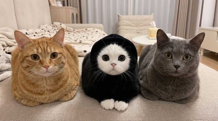 Mochi between an orange cat and a grey cat on a couch