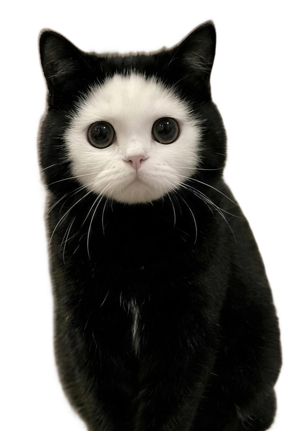 Mochi the cat: all black fur with a perfectly white round face, like a hood pulled up