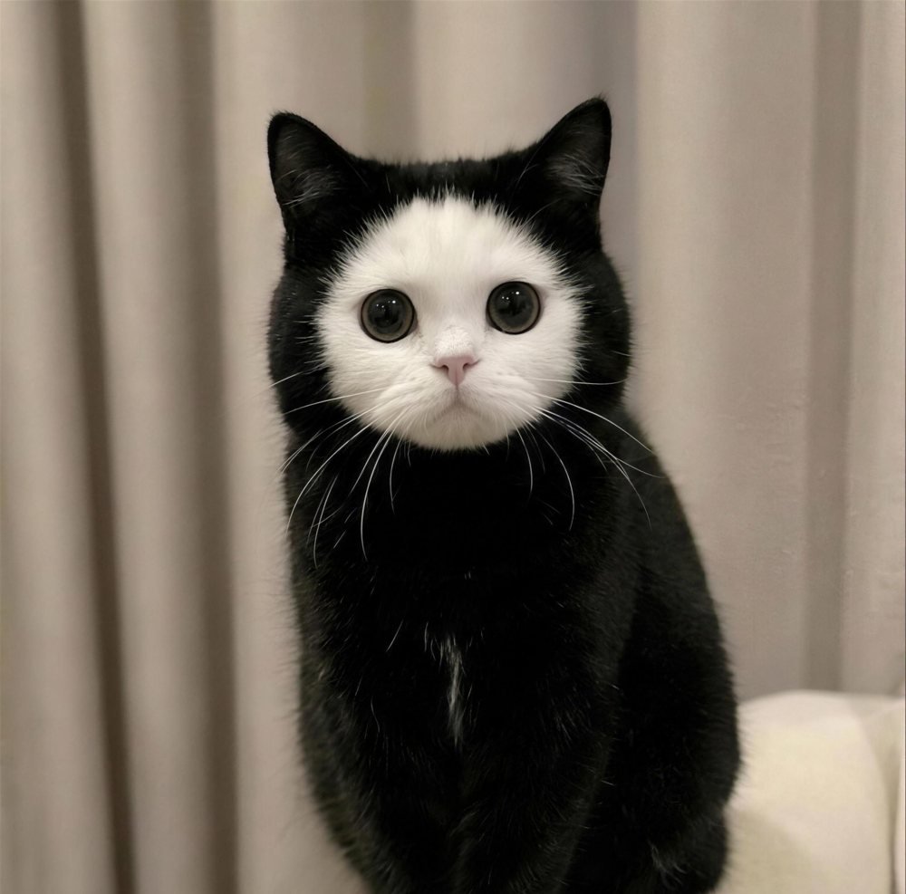 The original viral photo of Mochi in front of a beige curtain