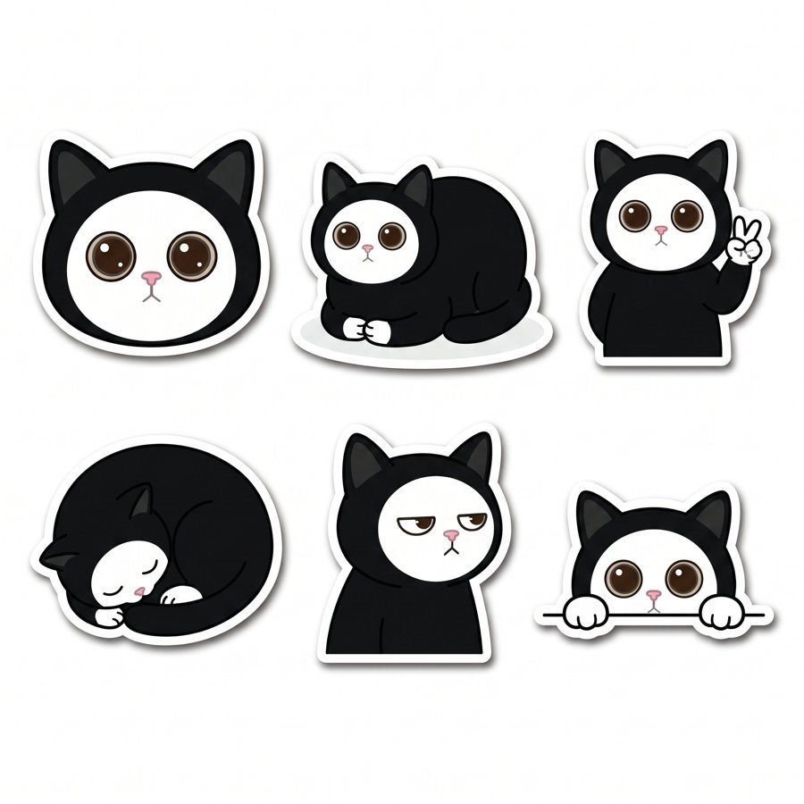 Sticker sheet of Mochi in six poses