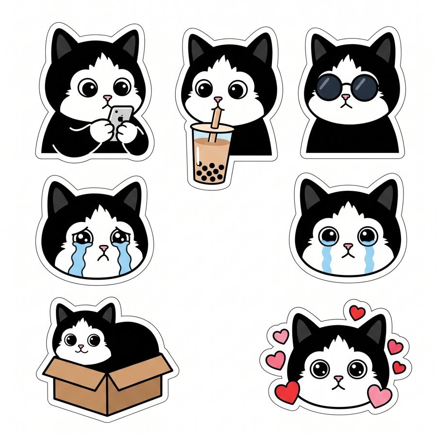 Second sticker sheet of Mochi with phone, bubble tea, sunglasses, tears, box and hearts